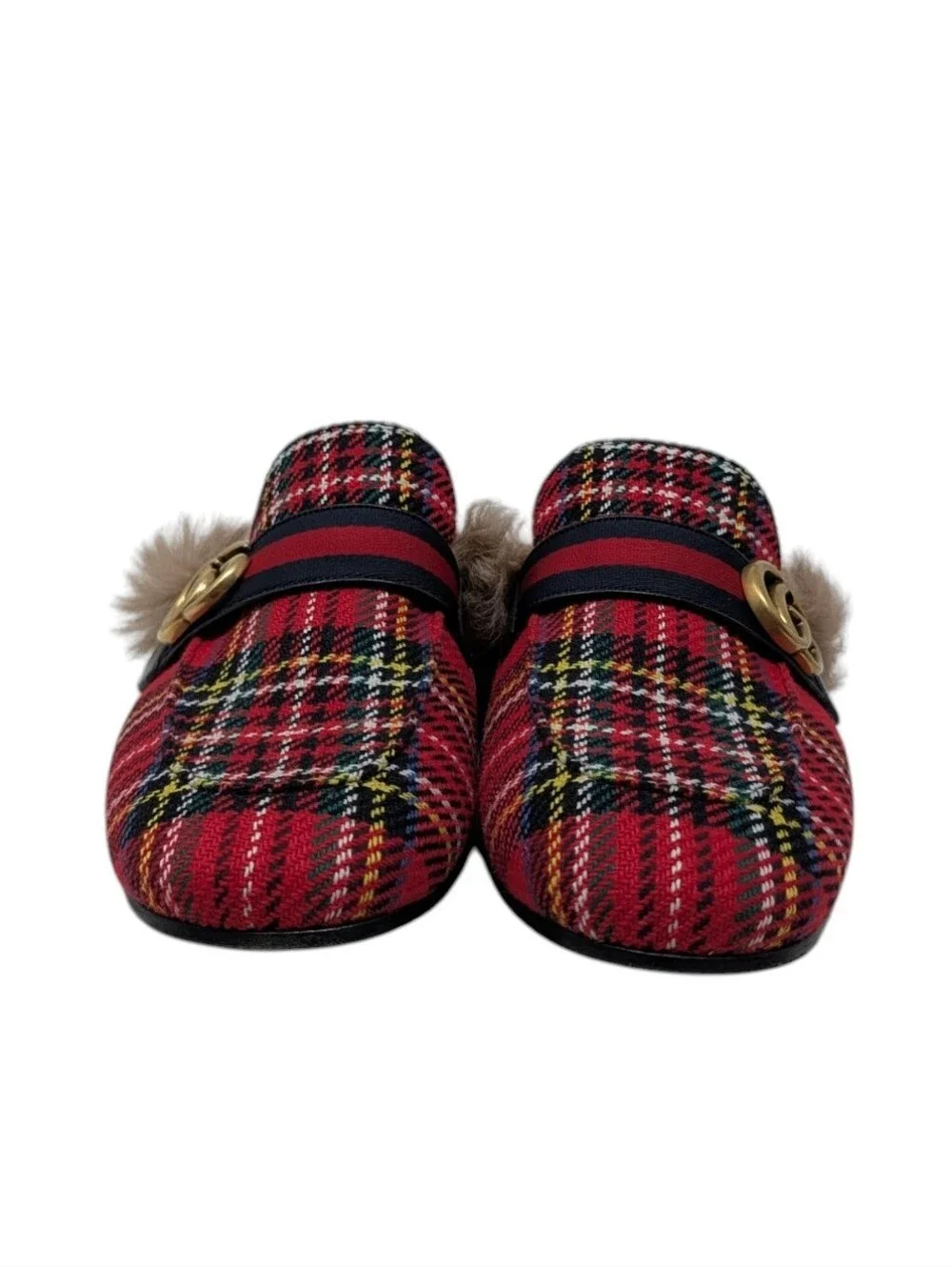 NEW Gucci GG Men's Red Plaid Fur Princetown Loafer Size 9.5